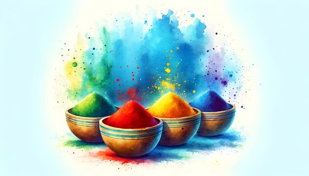 Holi celebration background with bowls of colorful powder in watercolor style.