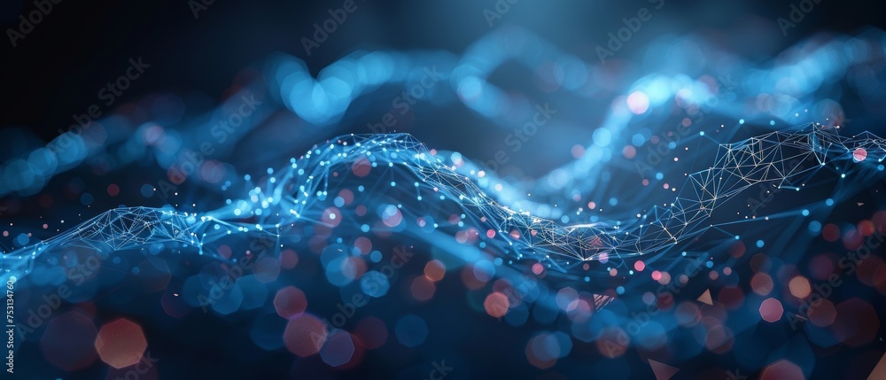 Poster Future data technology abstract illustration. Low poly shape with connecting dots and lines on a dark background. 3D rendering. Big data visualization.
