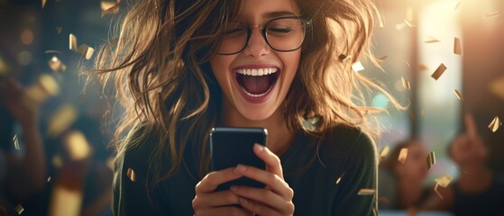 This young, happy woman, who won online, is holding her phone. She is feeling excited and is celebrating early success by receiving great news by sms or receiving a new job by smartphone. - obrazy, fototapety, plakaty
