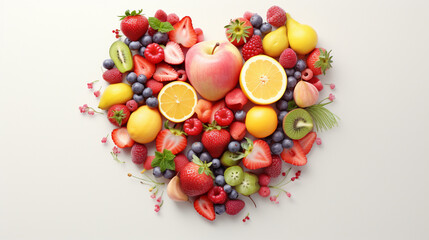 Naklejka na ściany i meble Heart made of fruits and berries on white background. 3d illustration , Generate AI