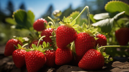 Fresh ripe strawberries in the foreground with green leaves in the background under bright sunlight