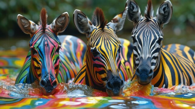 Three zebras with vibrant body paint wade in water reflecting rainbow colors.