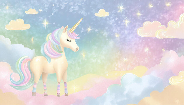 Licorne et d&eacute;cor arc-en-ciel, univers color&eacute; aux couleurs de princesses. 