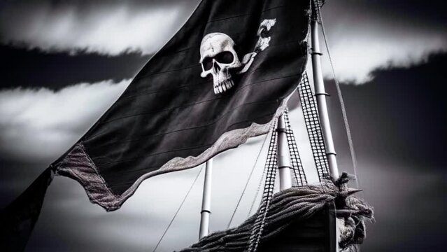 black pirate flag with bone and skull is on the flagpole. Symbol of piracy. Generative AI