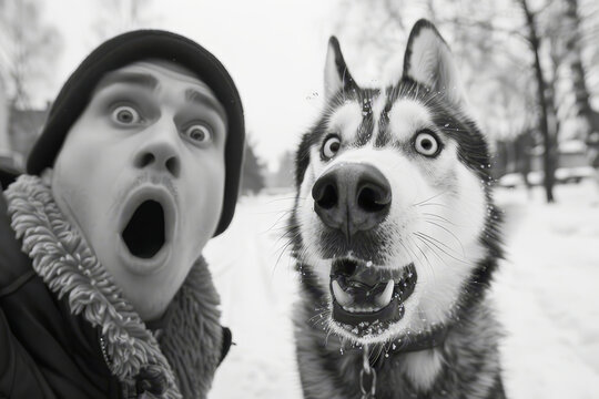 Black and white image capturing the humorous and expressive faces of a man and a Siberian Husky in a snowy setting..