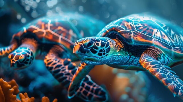 This stunning image showcases sea turtles with a spectacularly artistic design swimming gracefully among a coral reef.