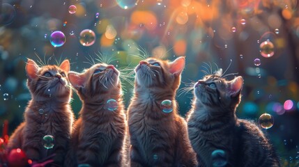 Four adorable kittens gaze upward with enchanting curiosity at shimmering soap bubbles against a bokeh of lights.