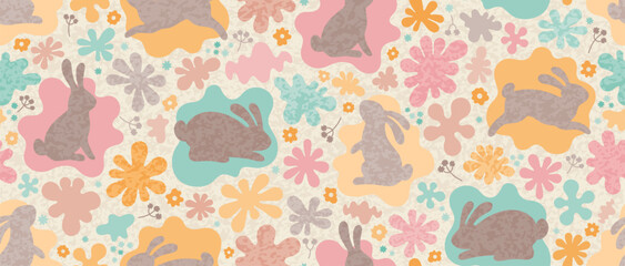 Bunny pattern. Seamless spring rabbit vector. Easter floral print. Animal background with cute flowers and baby bunny. Cartoon rabbit illustration. Vintage fabric. Watercolor Easter pattern background
