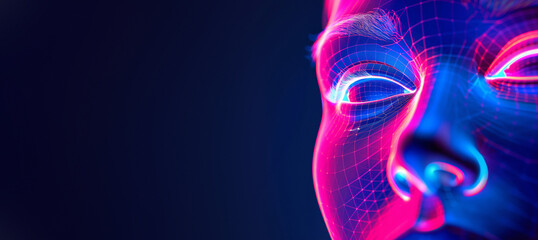 pink and blue 3d mesh of a persons face, representing biometrics, cyber security and facial recognition software, with copy space - obrazy, fototapety, plakaty