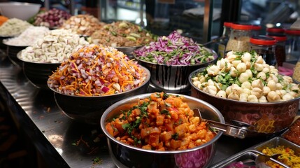 A variety of colorful fresh salads displayed in large bowls at a food market, enticing passersby.