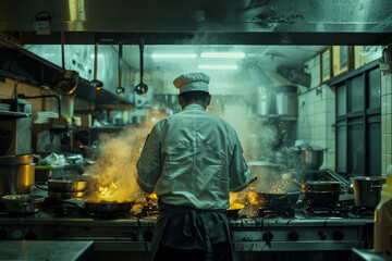Fototapeta na wymiar A chef in white uniform expertly prepares food in a steam-filled commercial kitchen with pots and pans visible..