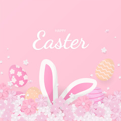 Happy easter banner with rabbit and cherry blossoms