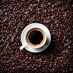 Fototapeta premium A white cup filled with black coffee and a layer of foam on top is positioned on a saucer, which is placed amidst a scattering of coffee beans. 