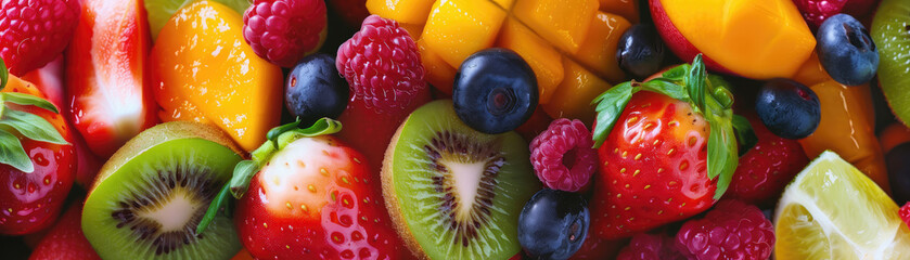 A vibrant array of fresh fruits, including strawberries, kiwis, and blueberries, creates a colorful...