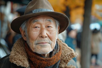 Close-up of a senior man in a hat and scarf, his face showing wisdom and stories of life