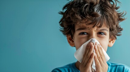 Little caucasian child boy blow his nose. Sick child with napkin . Allergic kid, flu season. Kid with cold rhinitis, get cold snot nose. virus and infection - obrazy, fototapety, plakaty