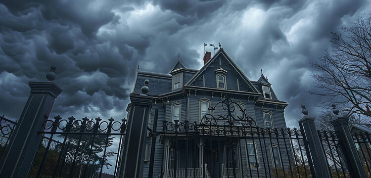A 2-story 19th-century house in Tremont under a stormy sky, its dramatic dark gray walls and light gray gable roof standing bold and proud behind a classic wrought iron gate