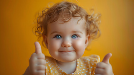 
a toddler giving a thumbs up on yellow background.