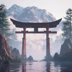 Küchenrückwand glas motiv A 3D rendering of a traditional Japanese Torii gate set against the backdrop of a serene misty mountain landscape symbolizing the gateway between the physical and spiritual worlds © wasan