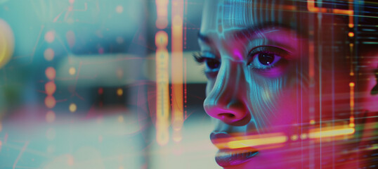 portrait of a woman behind a futuristic transparent digital display 