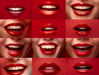 Fototapeta premium Laughing Female Mouths on Red Background