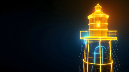 Fototapeta na wymiar Neon wireframe lighthouse with glowing yellow light isolated on black background.