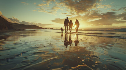 A family enjoys a peaceful walk with their dog on the beach during a stunning sunset, creating a perfect end-of-day scene..