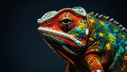 Fototapeta premium multicolored chameleon with iridescent skin in speckles over black background
