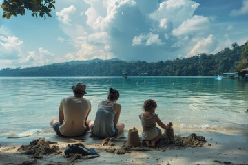 Fototapeta premium A family enjoys a bonding moment while constructing a sandcastle on a sunny tropical beach with clear blue waters..