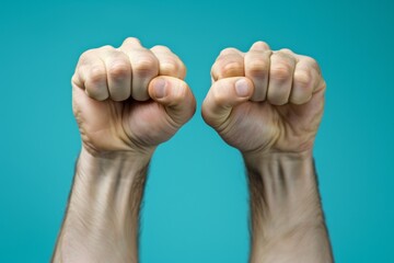 Business Victory with Fists Up Blue Background