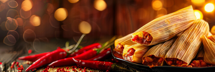 Mexican  tamales of corn leaves with chili and sauces  on a dark backdrop. Mexican traditional food banner with top view and a big space for text or product, - obrazy, fototapety, plakaty