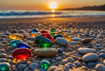 A view of the colorful stones of the beautiful sea beach and the sunset