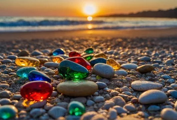 Küchenrückwand glas motiv Sonnenuntergang am Strand A view of the colorful stones of the beautiful sea beach and the sunset