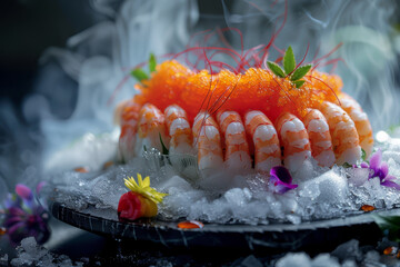 An exquisite sushi platter featuring prawn nigiri and vibrant roe, dramatically presented with dry ice mist for a luxurious dining experience..