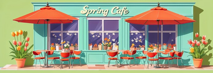cartoon image of a spring cafe with tables outside