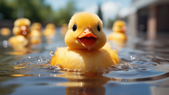 3D illustration of several yellow ducklings floating on the surface of the water, with one duckling close-up
