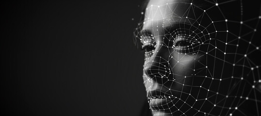 holographic 3d mesh of a persons face, representing biometrics, cyber security and facial recognition software, with copy space - obrazy, fototapety, plakaty