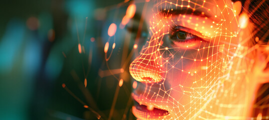 colorful futuristic holographic 3d mesh of a persons face, representing biometrics, cyber security and facial recognition software, with copy space