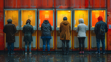 
a group of people standing in front of voting booths