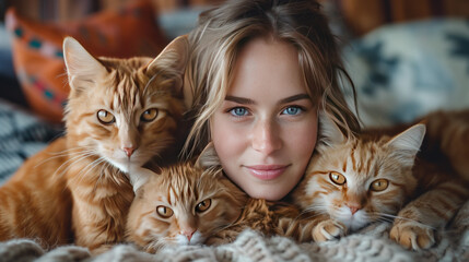 Portrait of a girl surrounded by red cats.  Beautiful woman with her pets - obrazy, fototapety, plakaty