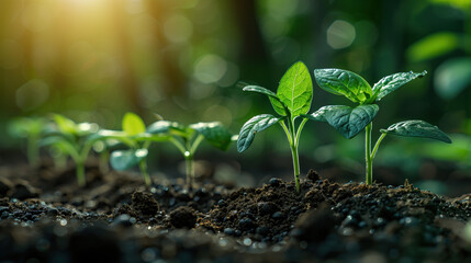 Seedlings in the ground.  Young plants.  Concept of gardening, growing