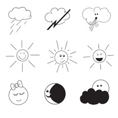 A set of vector sketches - weather (sun, rain, thunderstorm, wind, moon)
