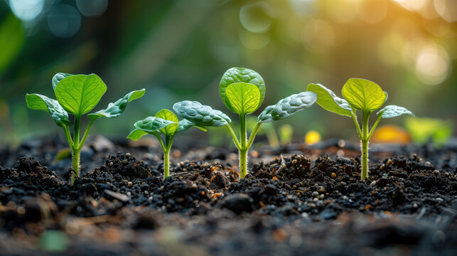 Young sprouts of plants sprouting from fertile soil against the backdrop of sunlight.