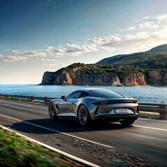 Naklejka premium A beautiful sports car drives along the road along the sea coast
