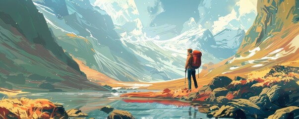 Dynamic exploration graphics depicting adventurous activities in stunning landscapes for inspiring journeys