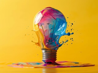 Colorful Liquid Paint Lightbulb Yellow Background