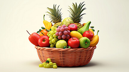 Playful cartoonish fruit basket with a cheerful demeanor, brimming with colorful fruits and wholesome goodness against a pristine white background.