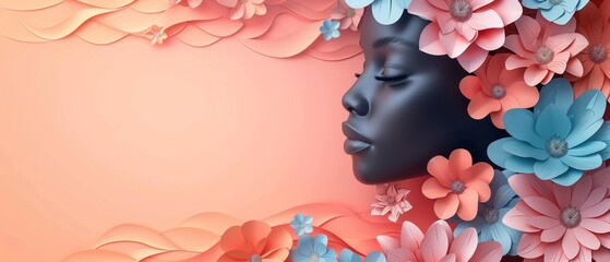 Illustration of black woman face and paper flowers with copy space for International Women's Day
