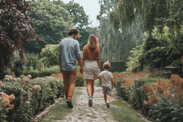 A young family is walking hand in hand along a lush, sunlit park path, exuding happiness and tranquility..