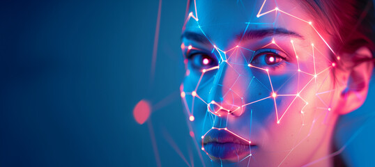 futuristic glowing red eyes, representing biometrics, cyber security and facial recognition software, with copy space - obrazy, fototapety, plakaty